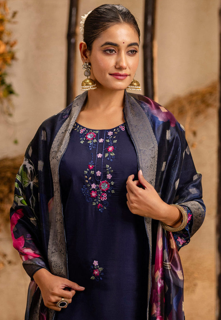 Navy Blue Viscose Readymade Pant Style Suit