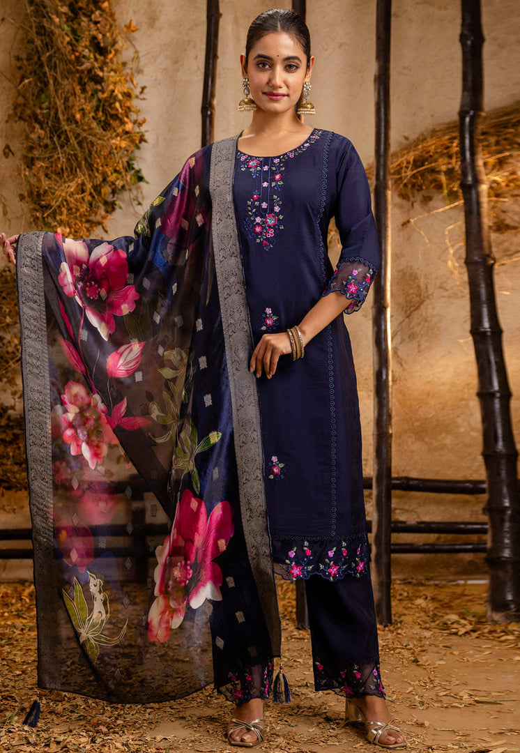 Navy Blue Viscose Readymade Pant Style Suit