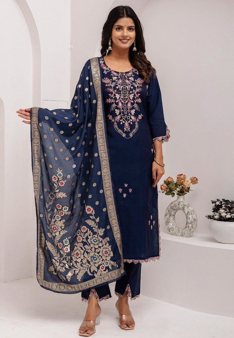 Navy Blue Viscose Readymade Pant Style Suit