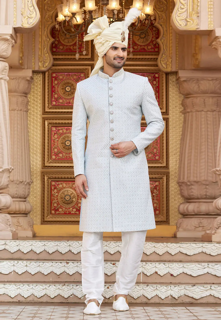 Off White Art Silk Achkan Style Sherwani