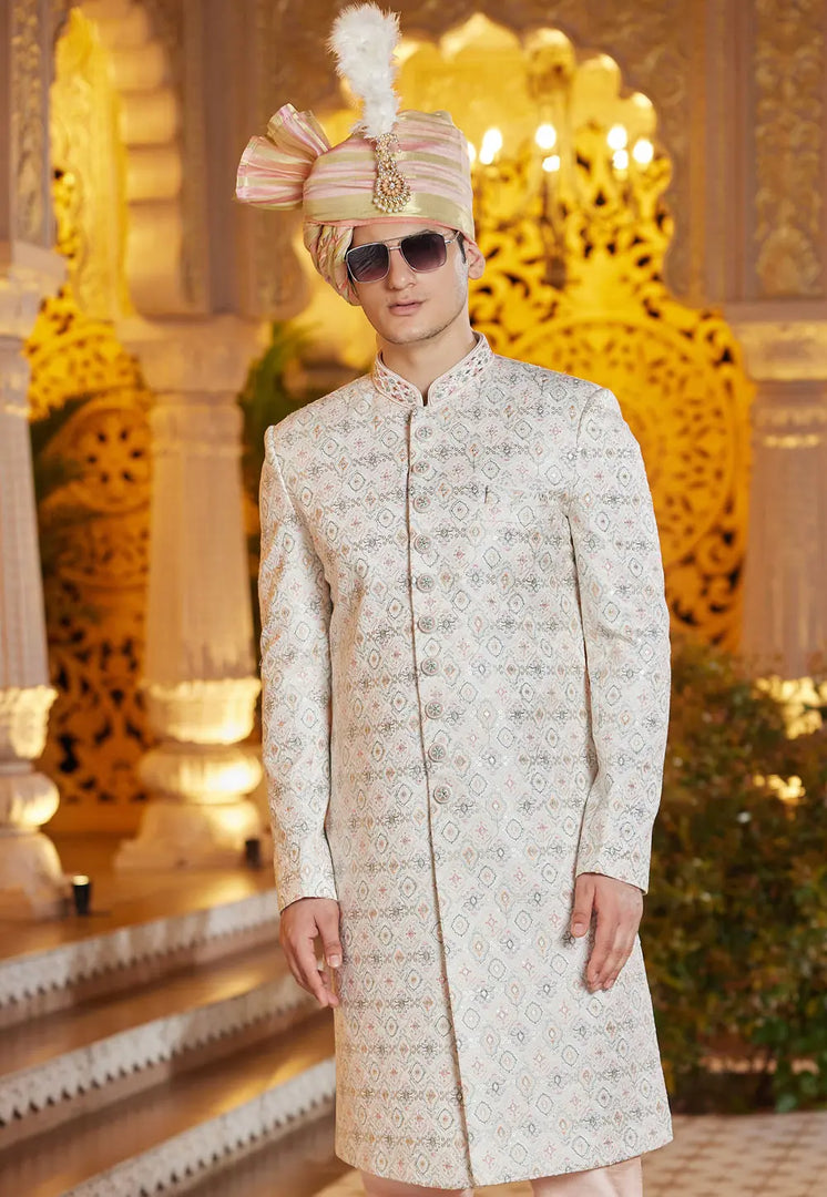 Off White Art Silk Achkan Style Sherwani