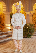 Load image into Gallery viewer, Off White Art Silk Achkan Style Sherwani
