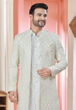 Load image into Gallery viewer, Off White Art Silk Jacket Style Sherwani
