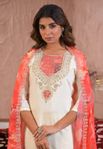 Load image into Gallery viewer, Off White Chanderi Silk Readymade Pant Style Suit
