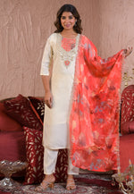 Load image into Gallery viewer, Off White Chanderi Silk Readymade Pant Style Suit
