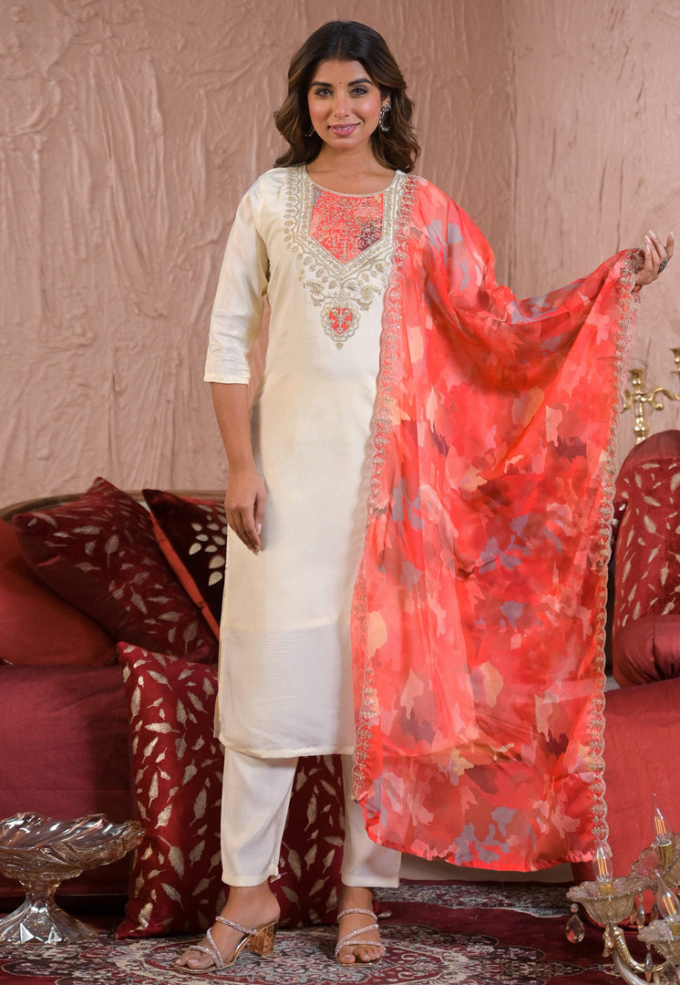 Off White Chanderi Silk Readymade Pant Style Suit