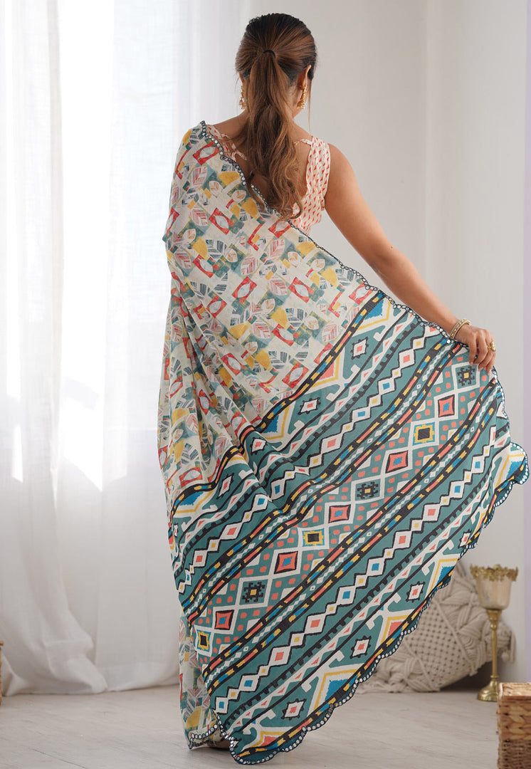 Off White Chinon Saree With Blouse