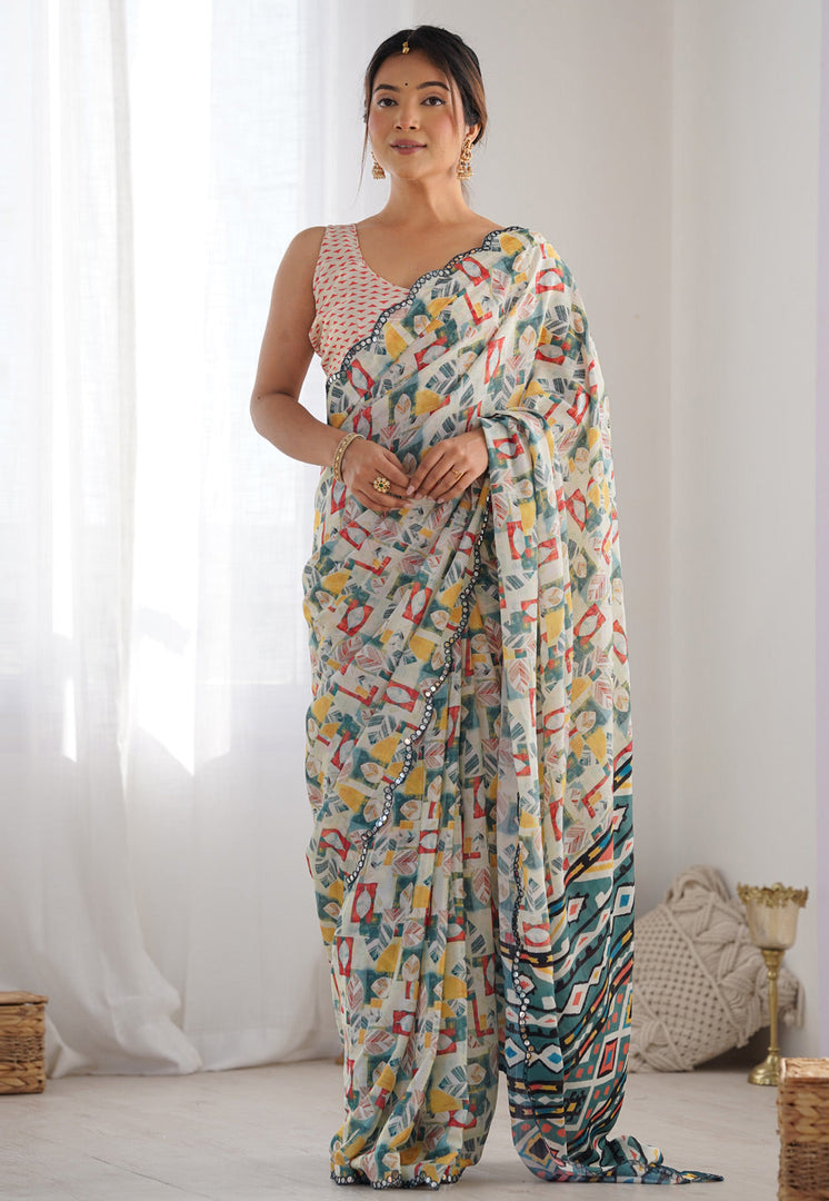 Off White Chinon Saree With Blouse