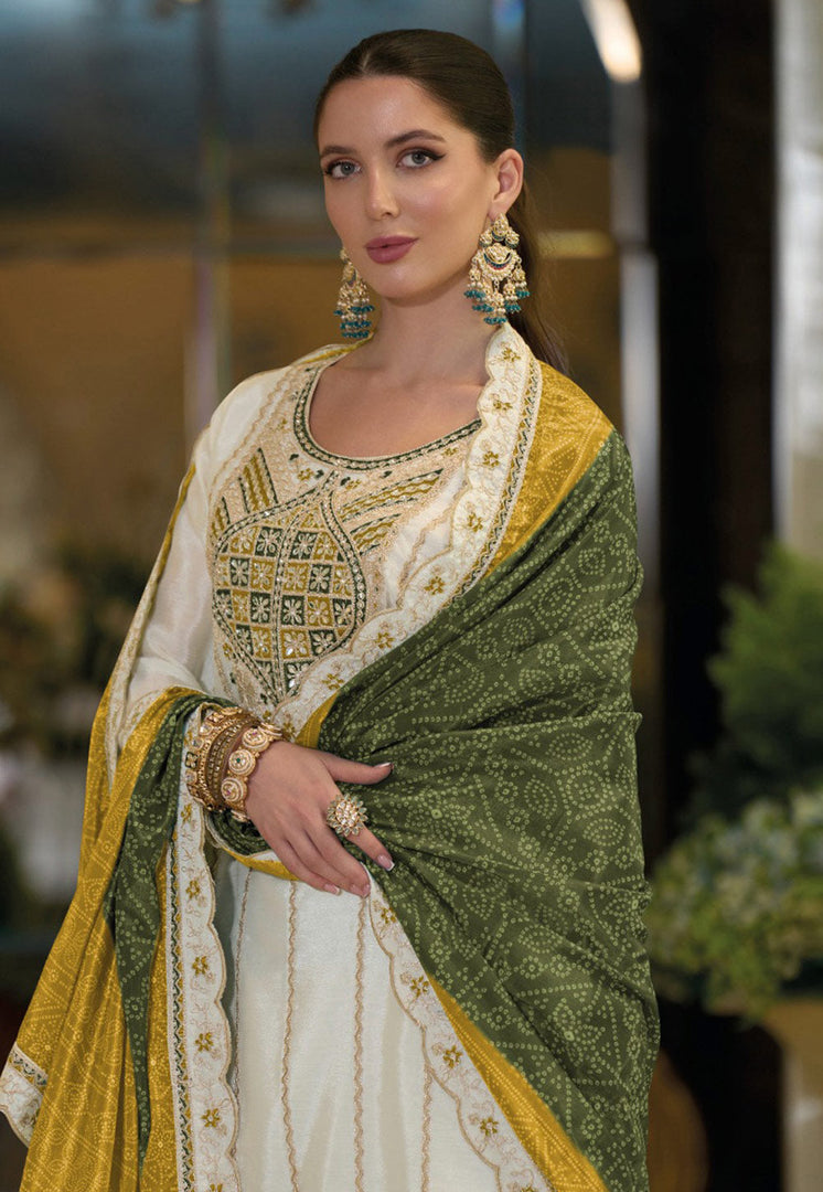 Off White Chinon Silk Palazzo Suit