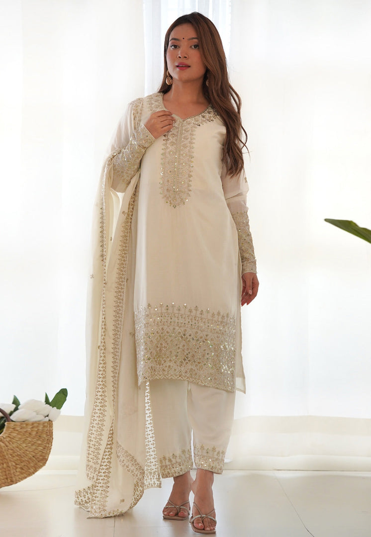 Off White Chinon Silk Readymade Pakistani Suit