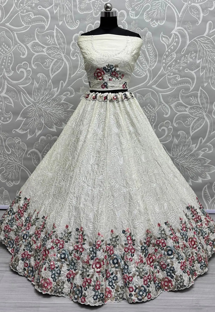 Off White Chinon Wedding Lehenga Choli
