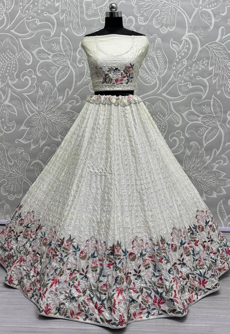 Off White Chinon Wedding Lehenga Choli