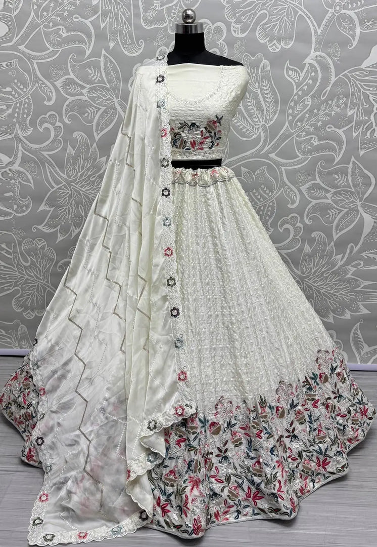 Off White Chinon Wedding Lehenga Choli