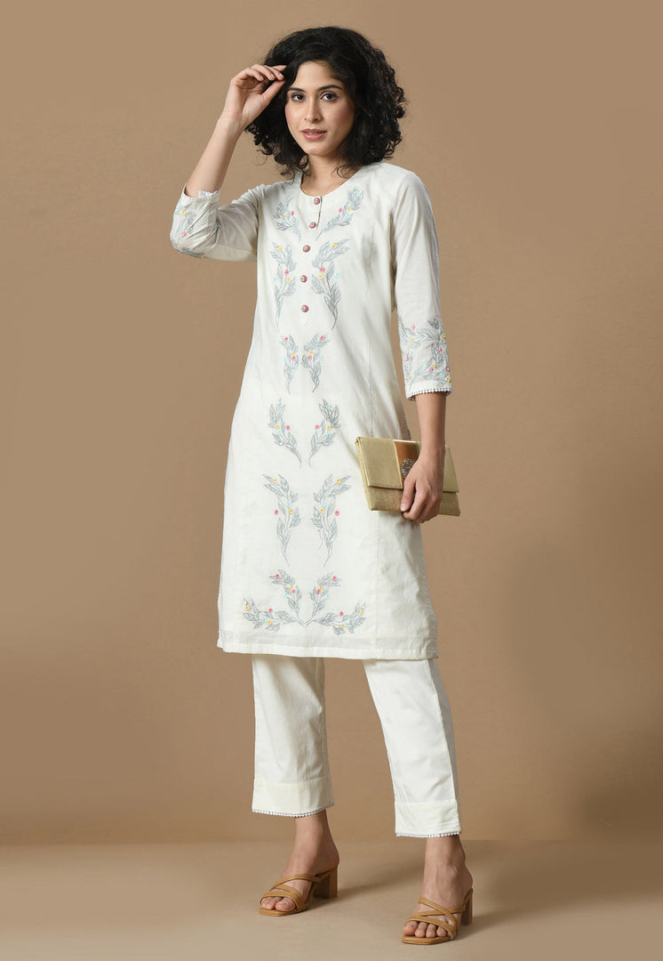 Off White Cotton Kurta Set With Pent