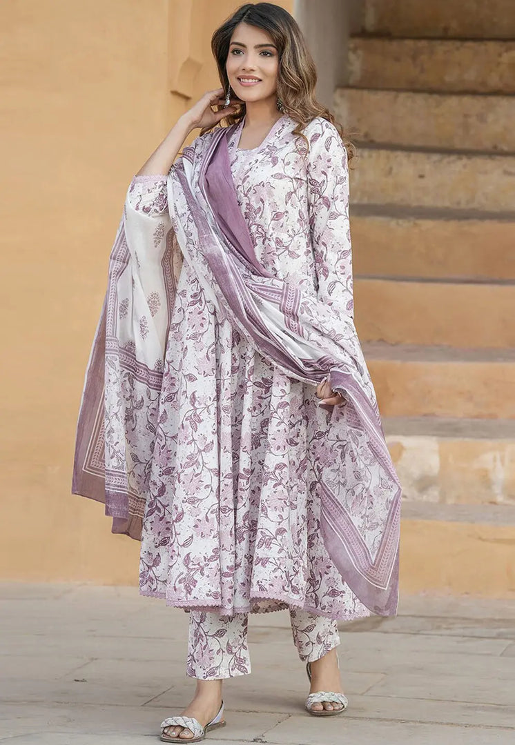 Off White Cotton Readymade Anarkali Suit