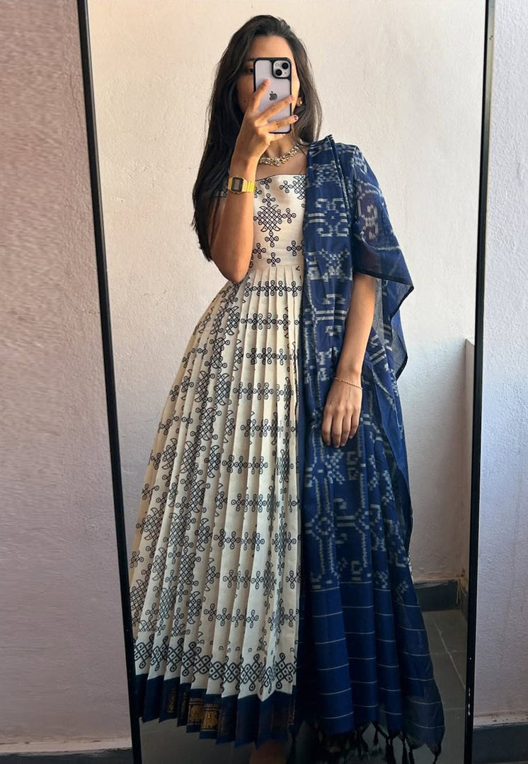 Off White Cotton Readymade Long Anarkali Suit