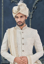 Load image into Gallery viewer, Off White Georgette Achkan Style Sherwani
