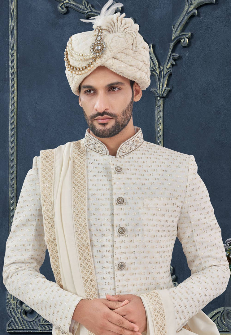 Off White Georgette Achkan Style Sherwani