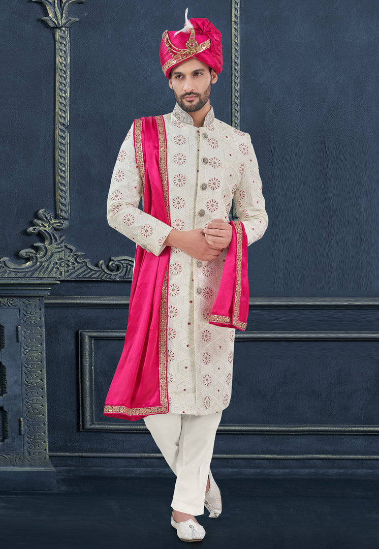 Off White Georgette Achkan Style Sherwani