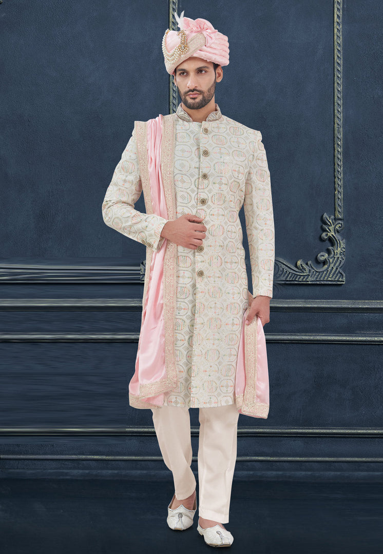Off White Georgette Achkan Style Sherwani