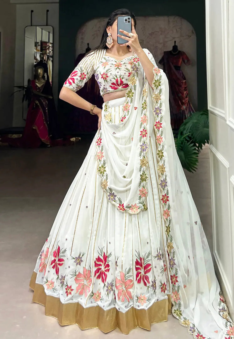 Off White Georgette Circular Lehenga Choli