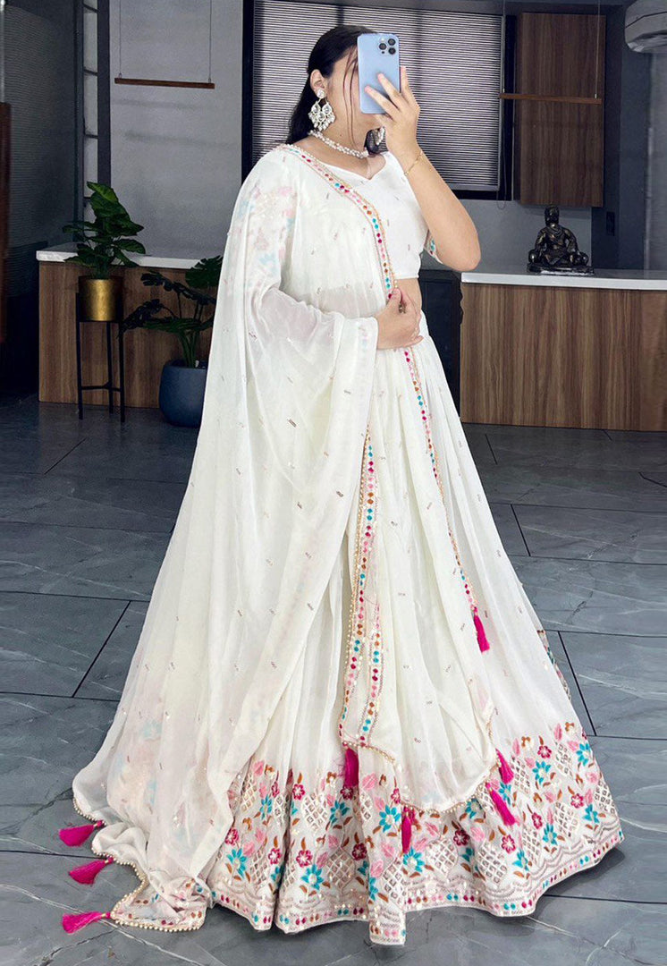 Off White Georgette Circular Lehenga Choli