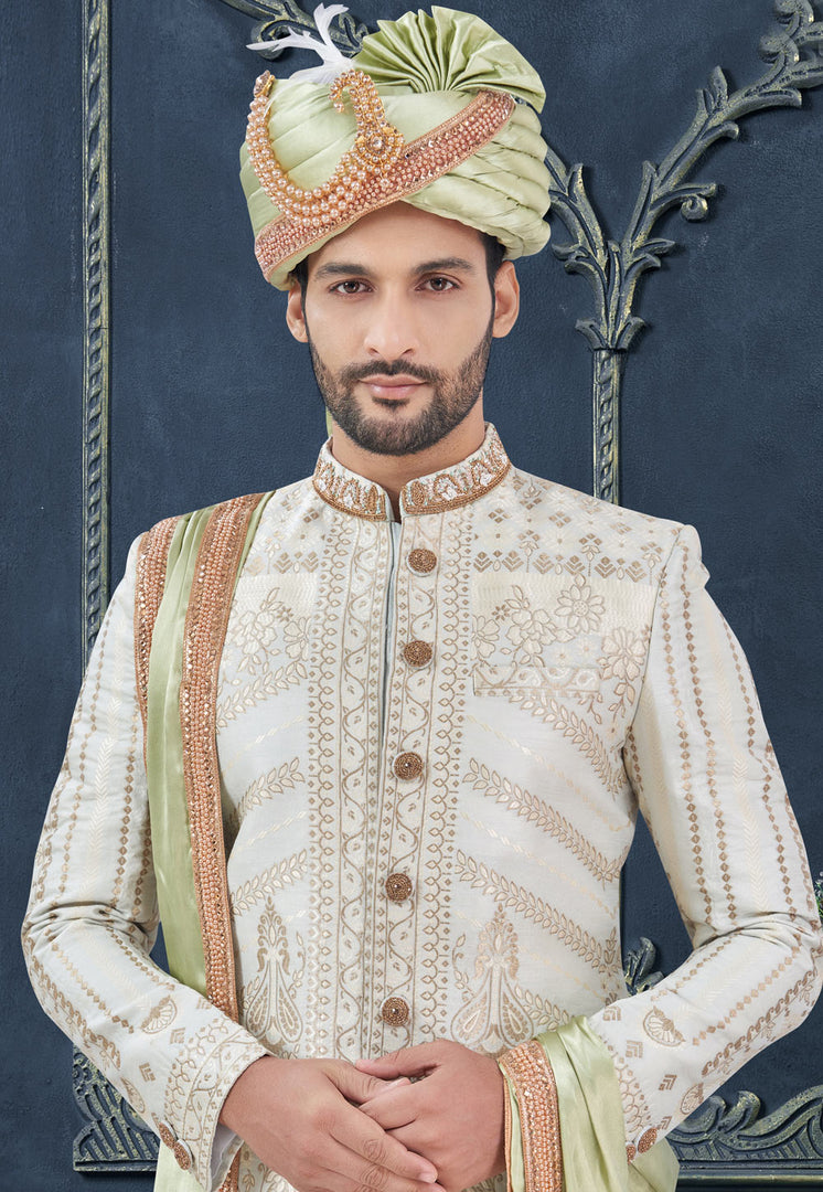 Off White Jacquard Achkan Style Sherwani