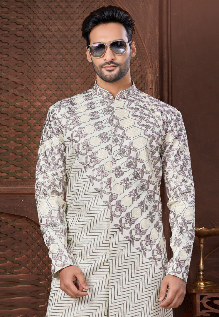 Off White Jacquard Indo Western Suit