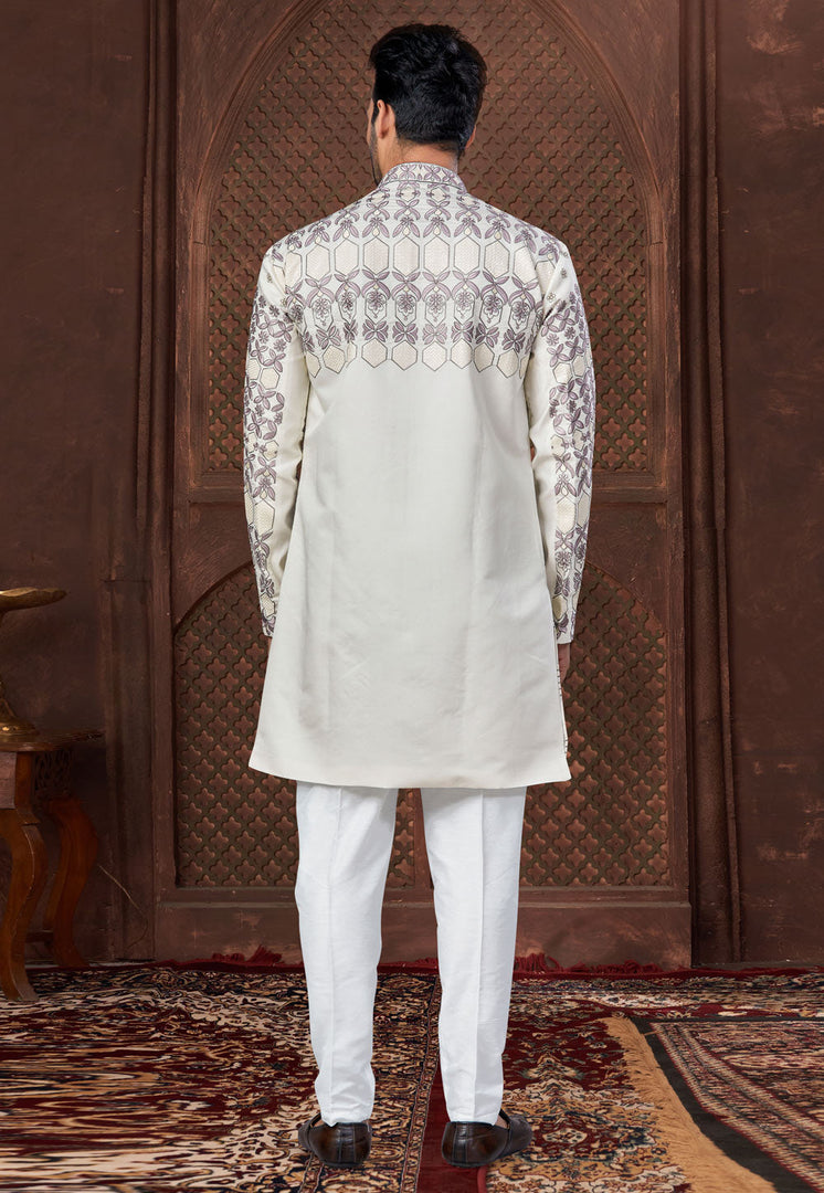 Off White Jacquard Indo Western Suit