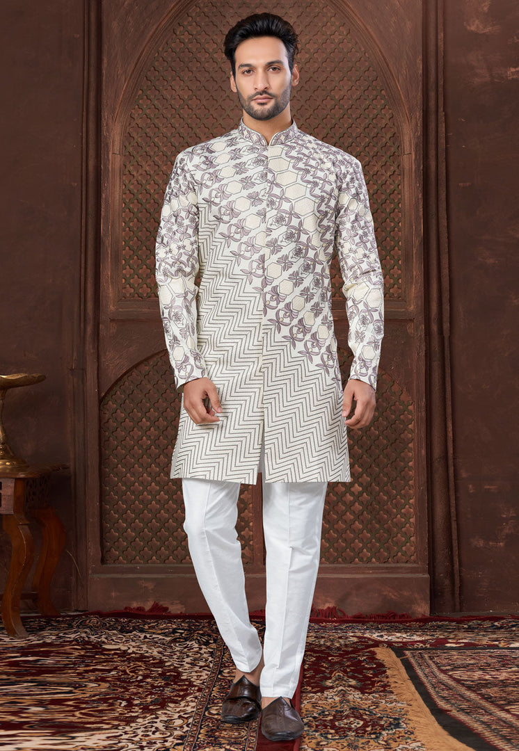 Off White Jacquard Indo Western Suit
