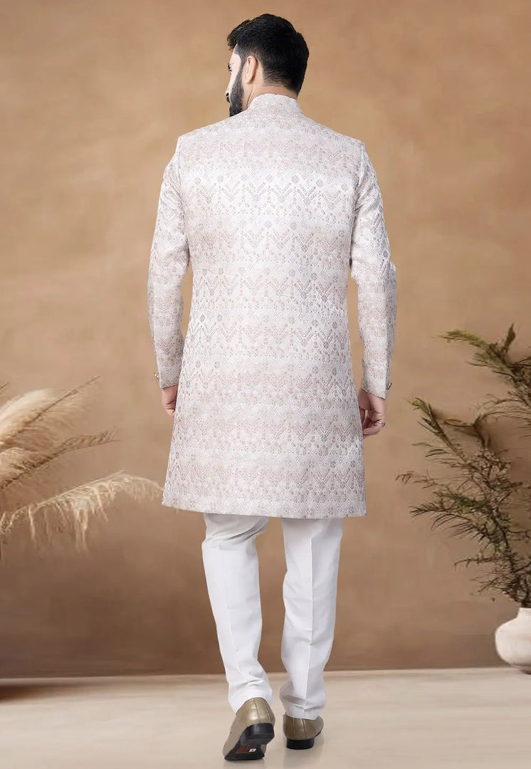 Off White Jacquard Indo Western Suit