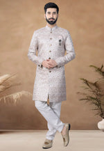 Load image into Gallery viewer, Off White Jacquard Indo Western Suit
