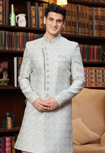 Load image into Gallery viewer, Off White Jacquard Silk Indo Western Sherwani
