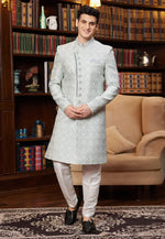 Load image into Gallery viewer, Off White Jacquard Silk Indo Western Sherwani
