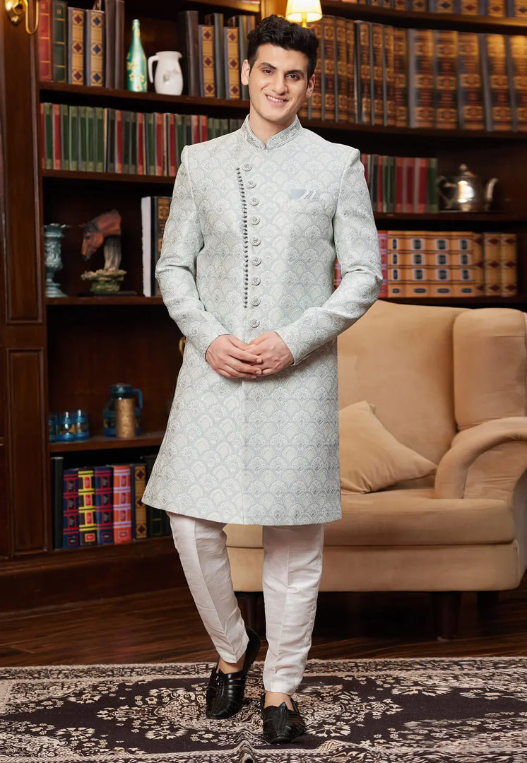 Off White Jacquard Silk Indo Western Sherwani