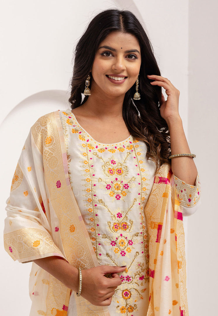 Off White Jacquard Silk Readymade Pakistani Suit
