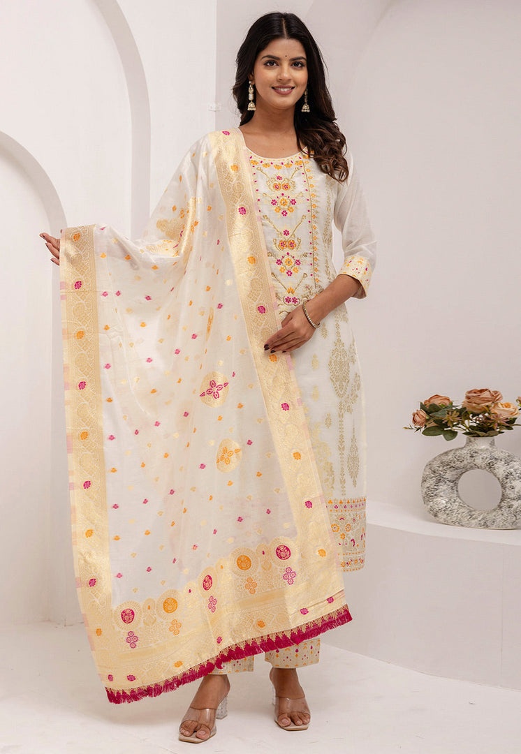 Off White Jacquard Silk Readymade Pakistani Suit