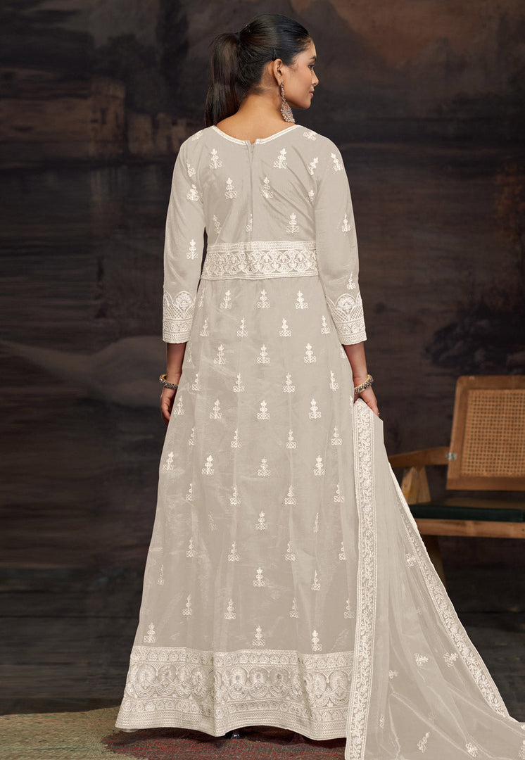 Off White Net Embroidered Anarkali Suit
