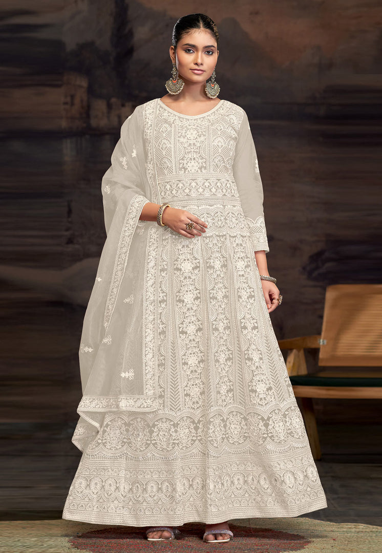 Off White Net Embroidered Anarkali Suit