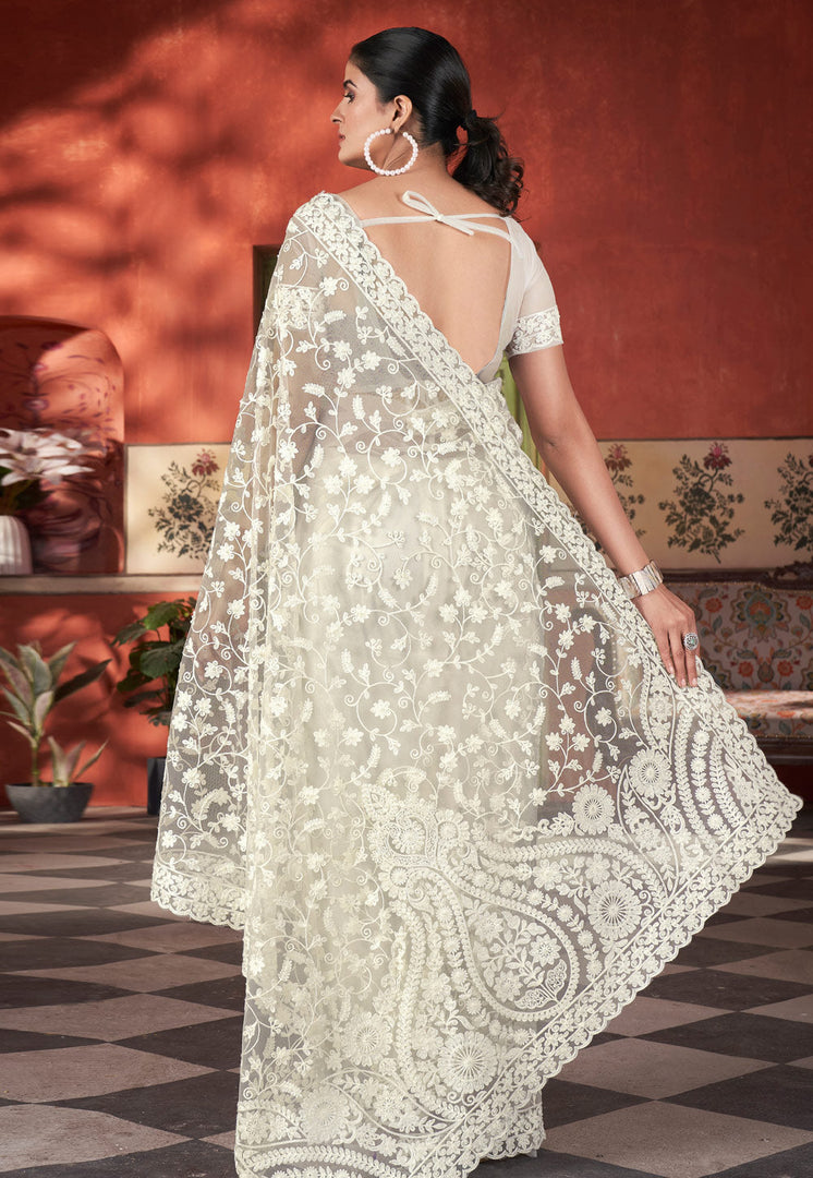Off White Net Saree With Blouse