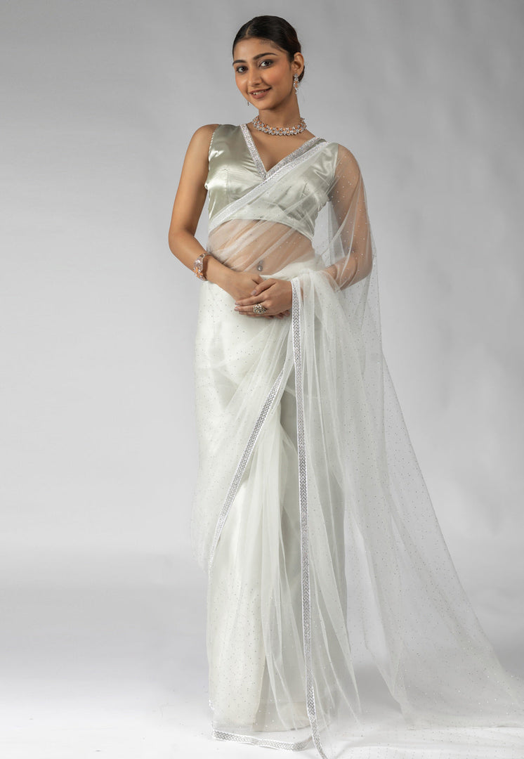 Off White Net Saree With Blouse