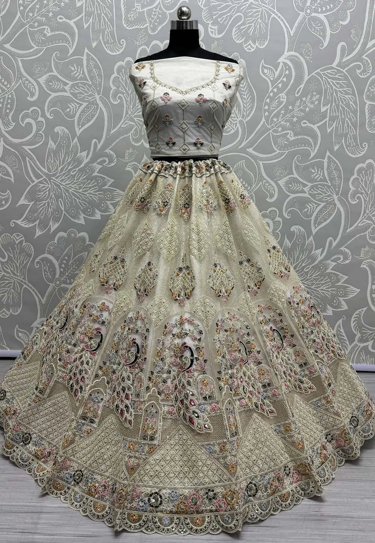 Off White Net Wedding Lehenga Choli