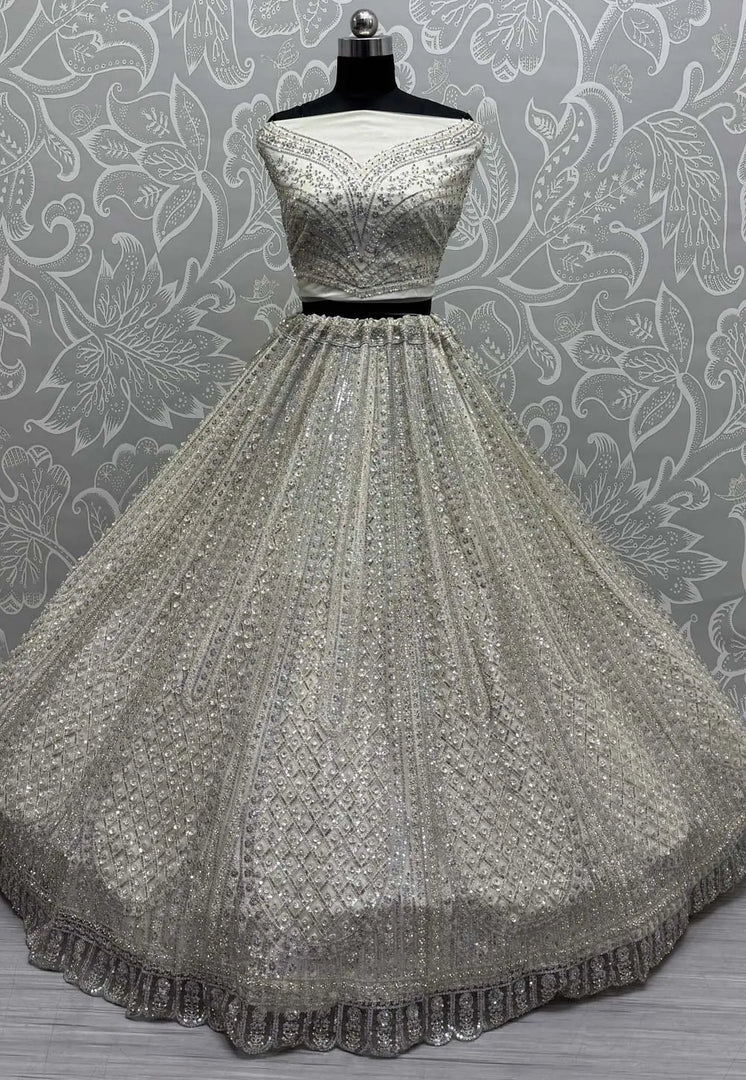 Off White Net Wedding Lehenga Choli
