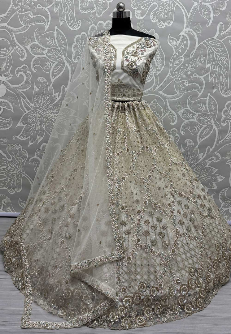 Off White Net Wedding Lehenga Choli