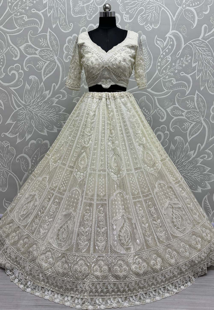 Off White Net Wedding Lehenga Choli