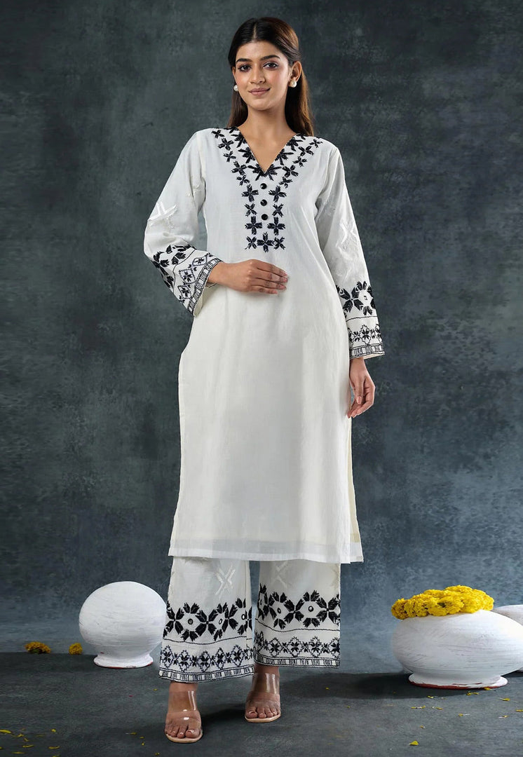 Off White Rayon Kurta Set With Palazzo