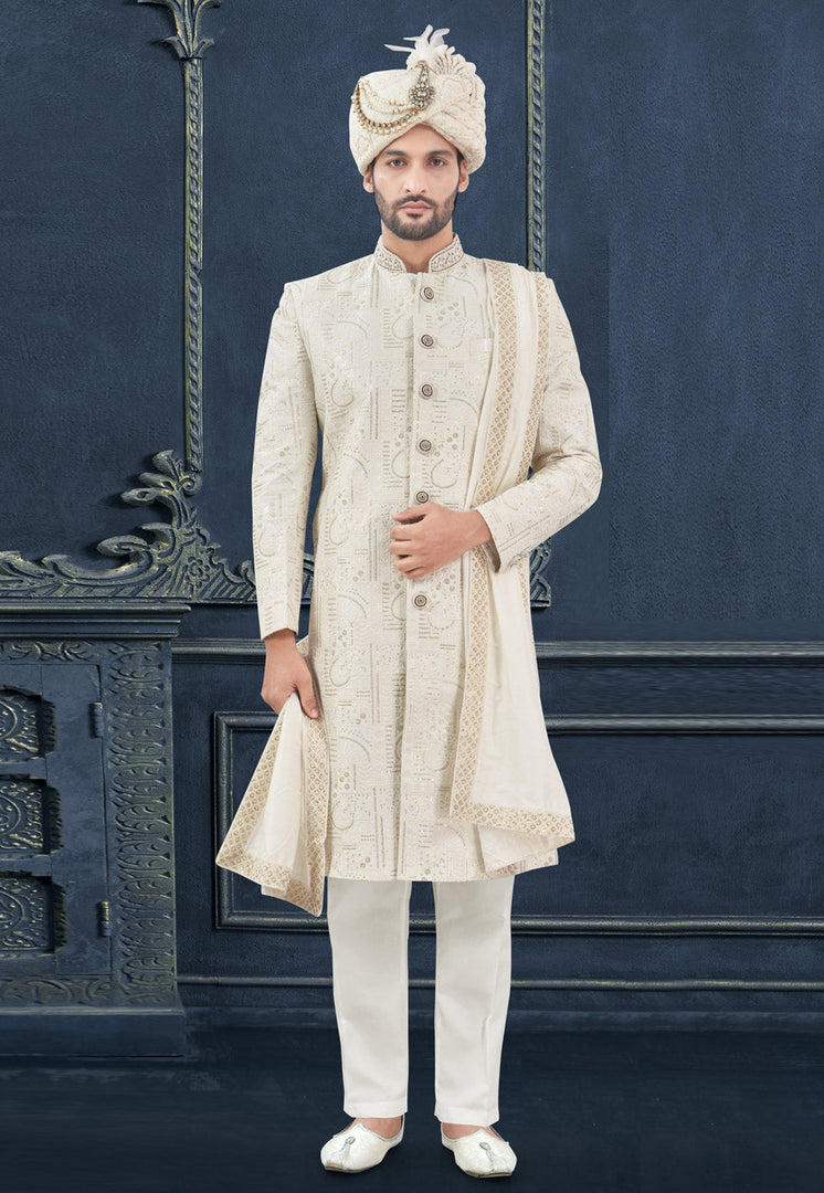 Off White Silk Achkan Style Sherwani