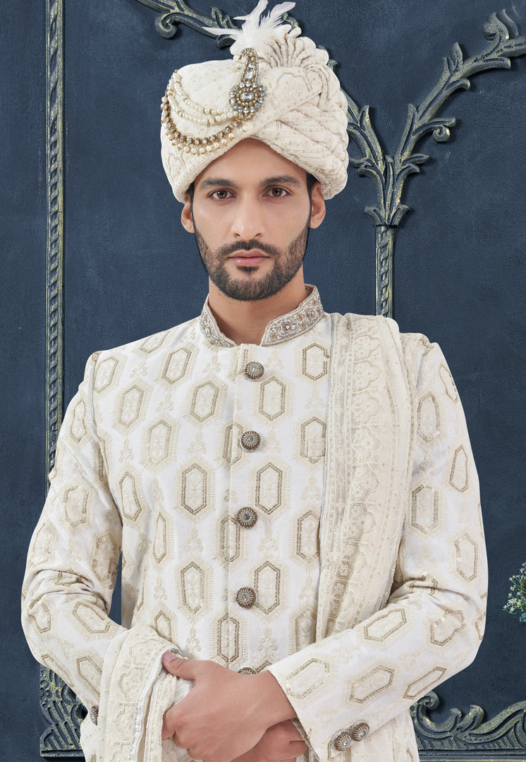 Off White Silk Achkan Style Sherwani