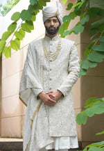 Load image into Gallery viewer, Off White Silk Anarkali Sherwani
