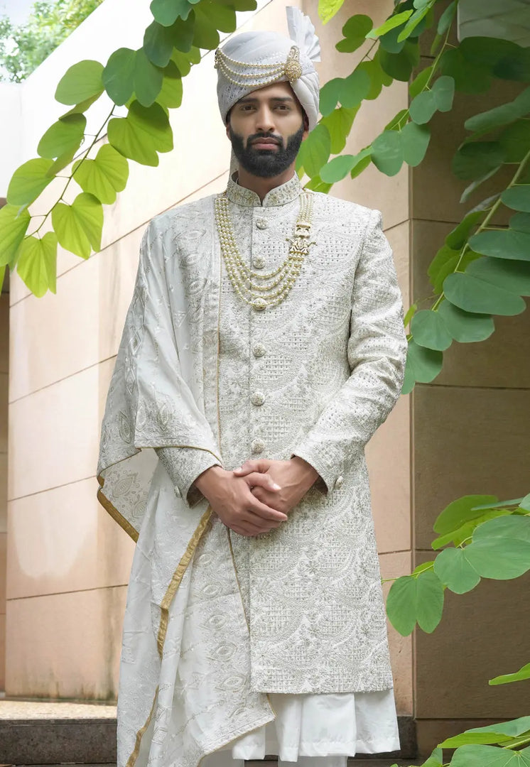 Off White Silk Anarkali Sherwani
